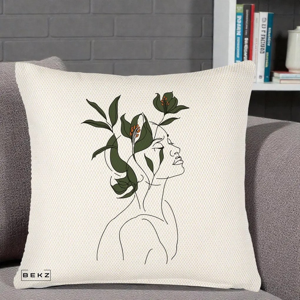 Perna Decorativa Portret Feminin Crin Verde, 40x40 cm, Crem Reliefat, Husa Detasabila, Perna Inclusa, BEKZ®