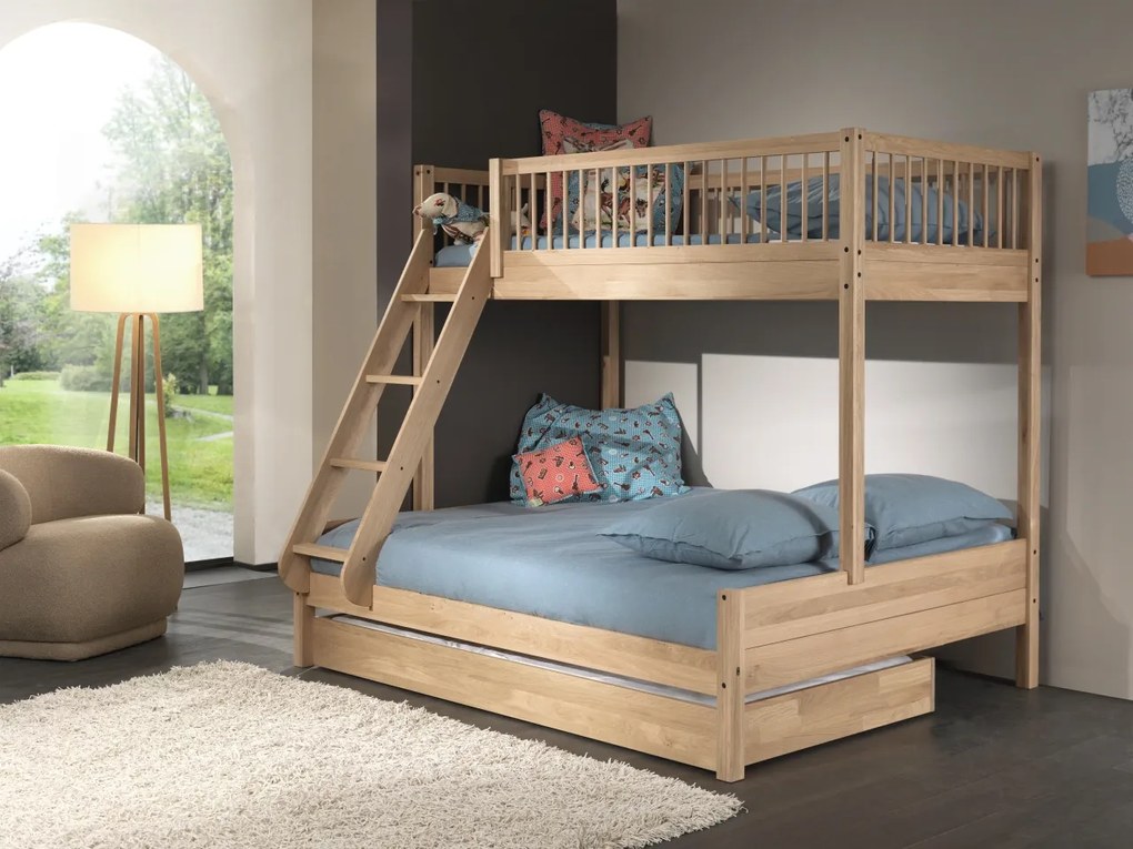 Pat de Familie Supraetajat Forrest Oak (140x200 cm + 90x200 cm), pentru Camera Copii, din Lemn de Stejar, Natur, cu Sertar – Vipack