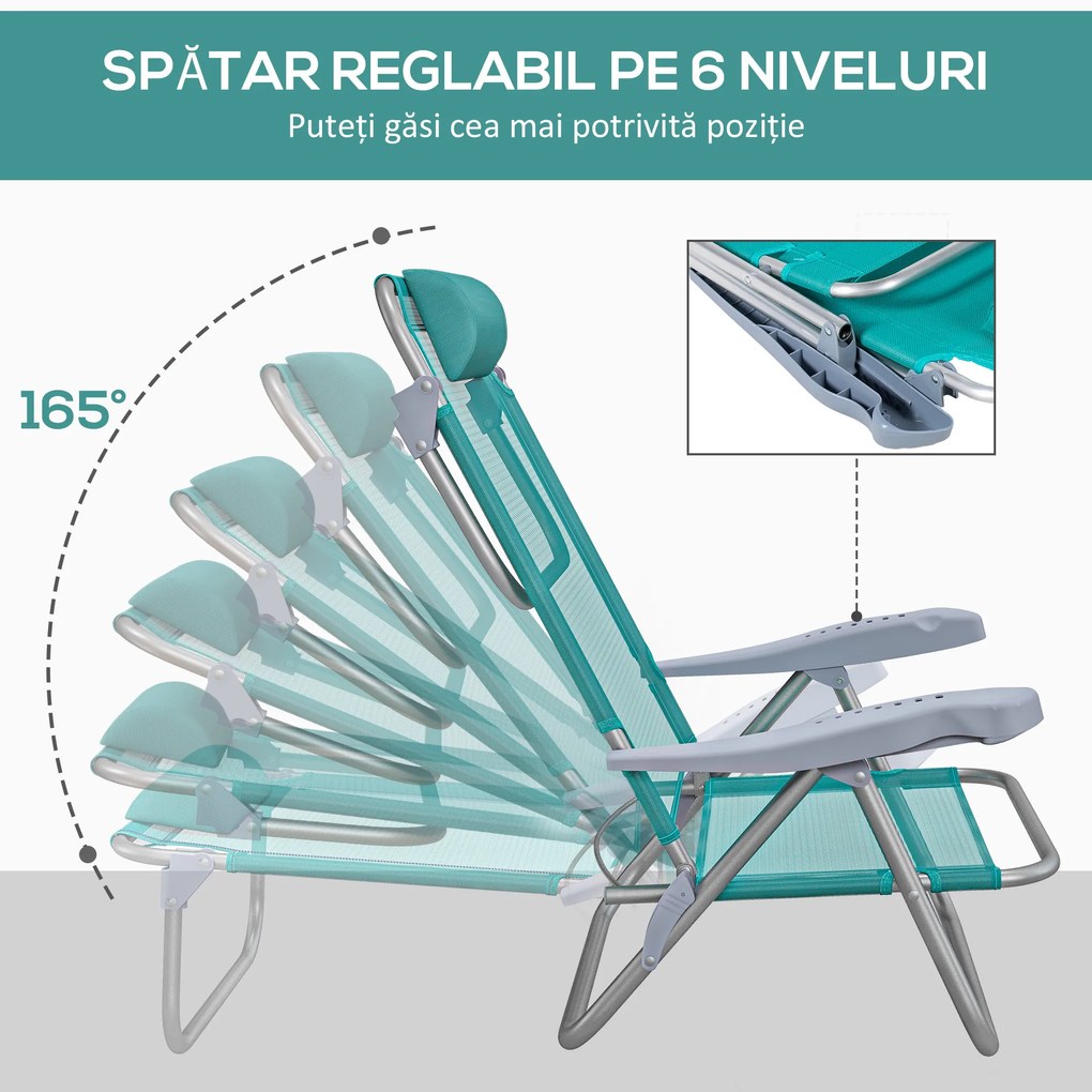 Outsunny Set 2 Scaune de Camping Pliabile cu Tetieră Căptușită și Spătar Reglabil în 6 Poziții, 62x65x80 cm, Albastru | Aosom Romania
