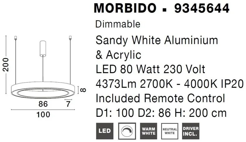 Pendul LED dimabil design modern MORBIDO alb 100cm
