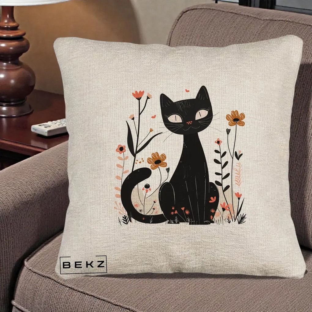 Perna Decorativa Pisica Neagra Flori Pastel Folk, 40x40 cm, Bej Canapea, Husa Detasabila, Perna Inclusa, BEKZ®
