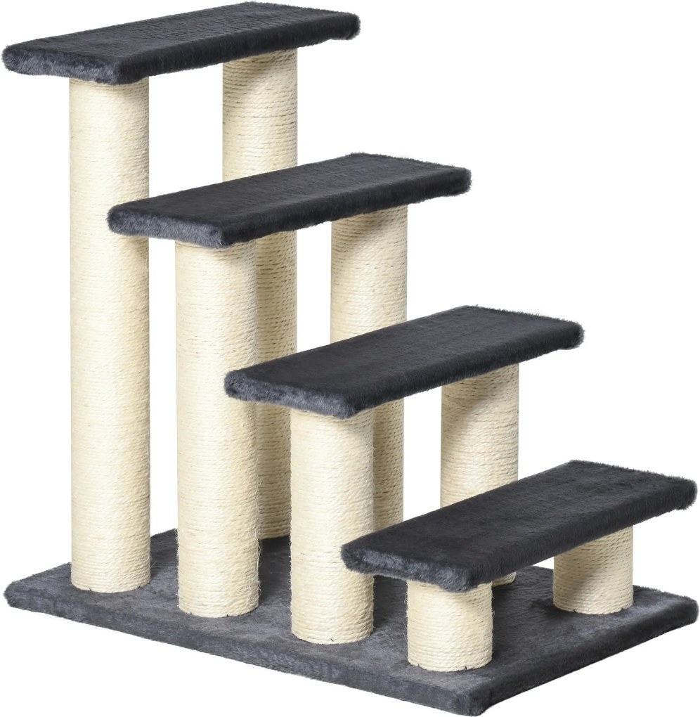 PawHut Scalettă pentru Pisici cu 4 Trepte, Stâlpi de Zgâriat din Sisal și Husă din Pluș, 60x40,5x59 cm, Gri | Aosom Romania