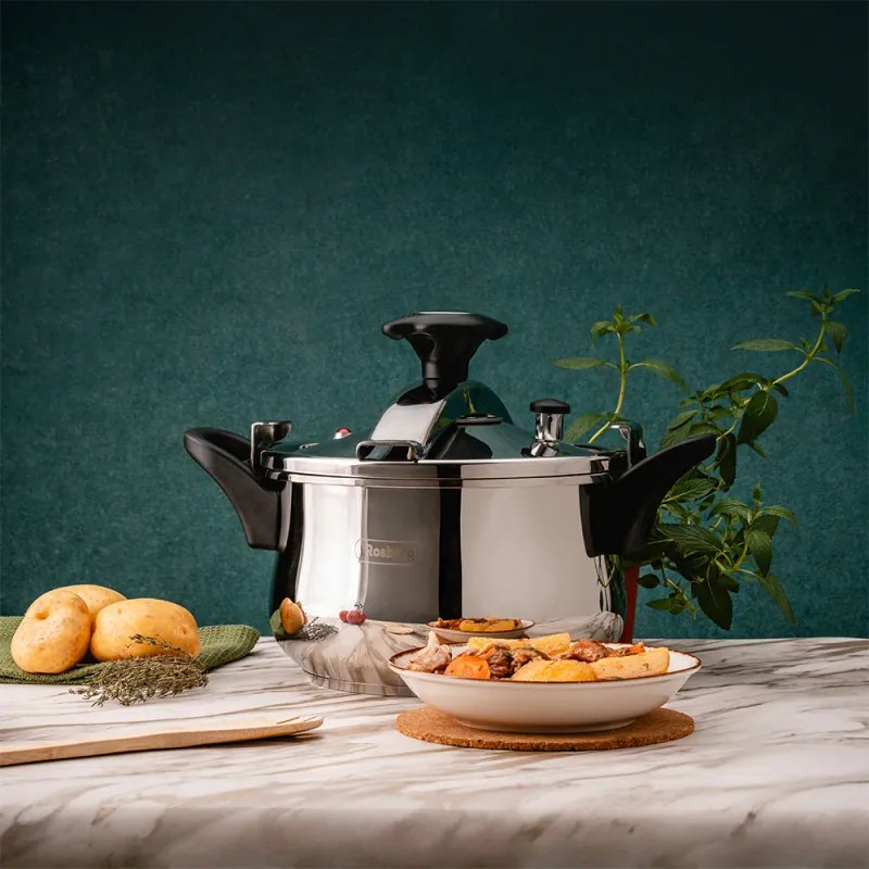 Oala sub presiune Rosberg R51311A5, 5 L, 2 capace, Inductie, Baza 3 straturi, Inox