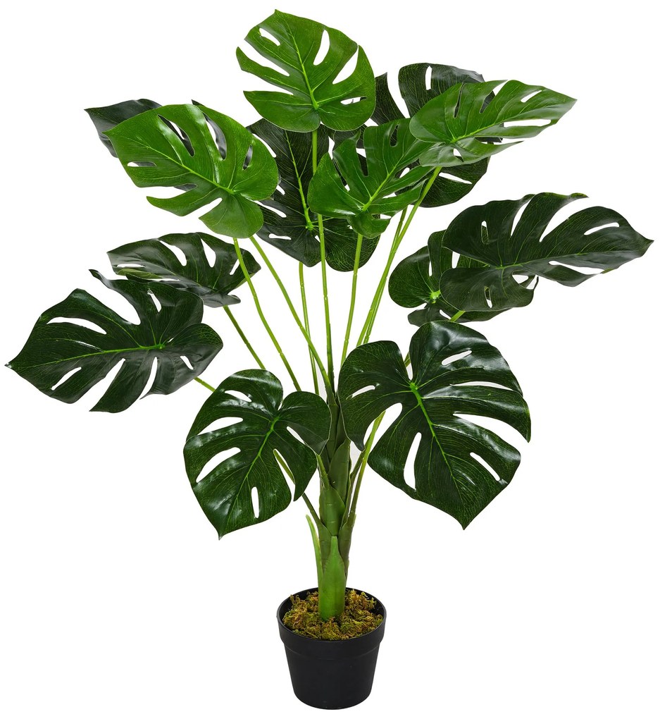 Monstera artificiala cu 13 frunze pliabile, design realist Muschi PE si baza cimentata cu ghiveci Ф16x85cm Outsunny | Aosom Romania