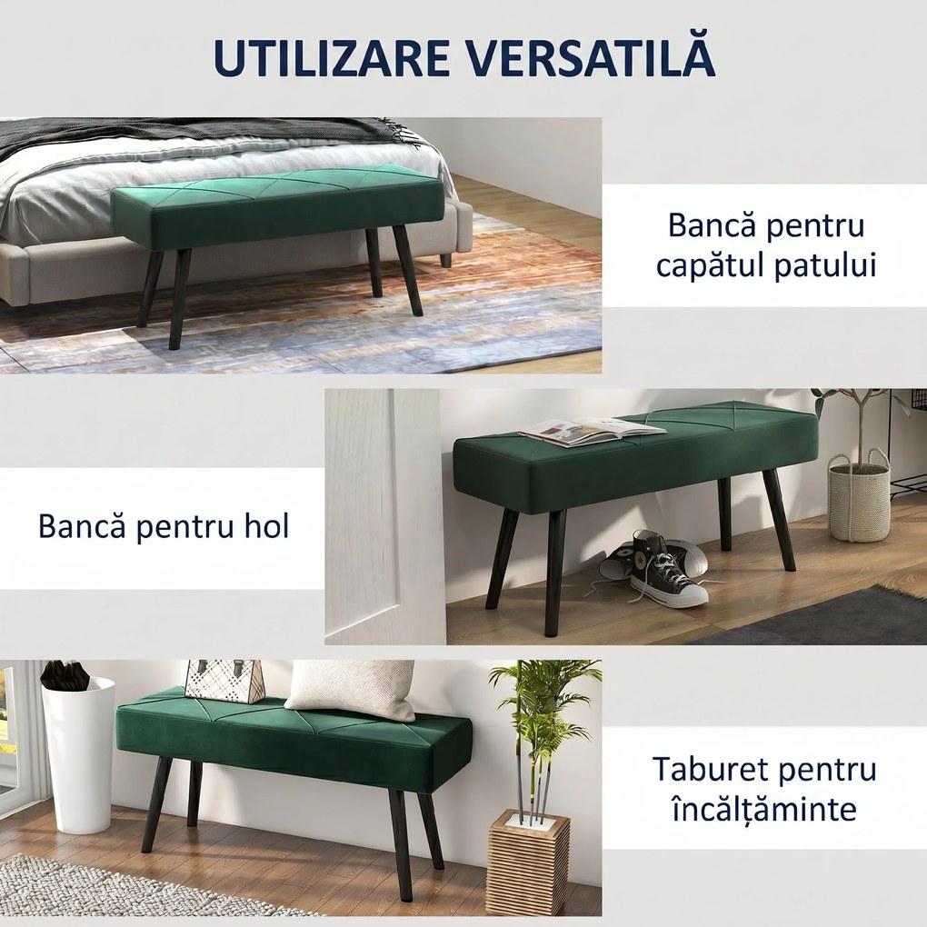 HOMCOM Bancă pentru Capătul Patului, Bancă cu Picioare din Oțel și Țesătură cu Efect de Catifea, 100x36x45 cm, Verde | Aosom Romania