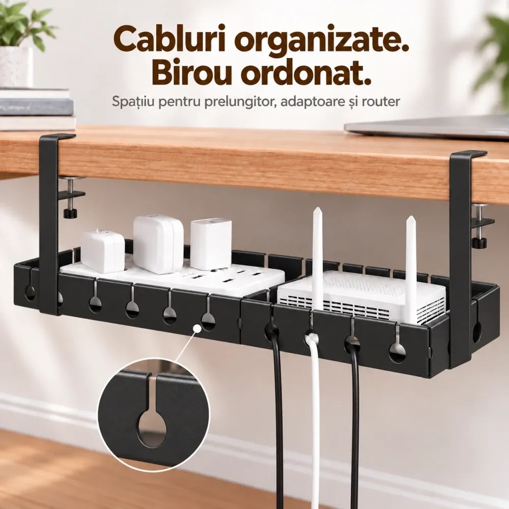 Organizator de cabluri sub birou, extensibil 43–74 cm, lățime 14 cm, prindere fără găurire, oțel carbon, Negru