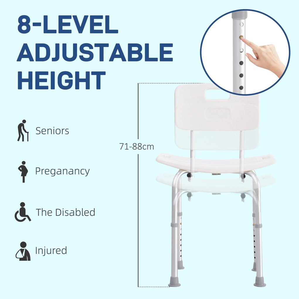 HOMCOM Scaun de Duș Antiderapant cu Spătar și Înălțime Reglabilă pe 8 Poziții, 50,6x43x71-88 cm, Alb | Aosom Romania