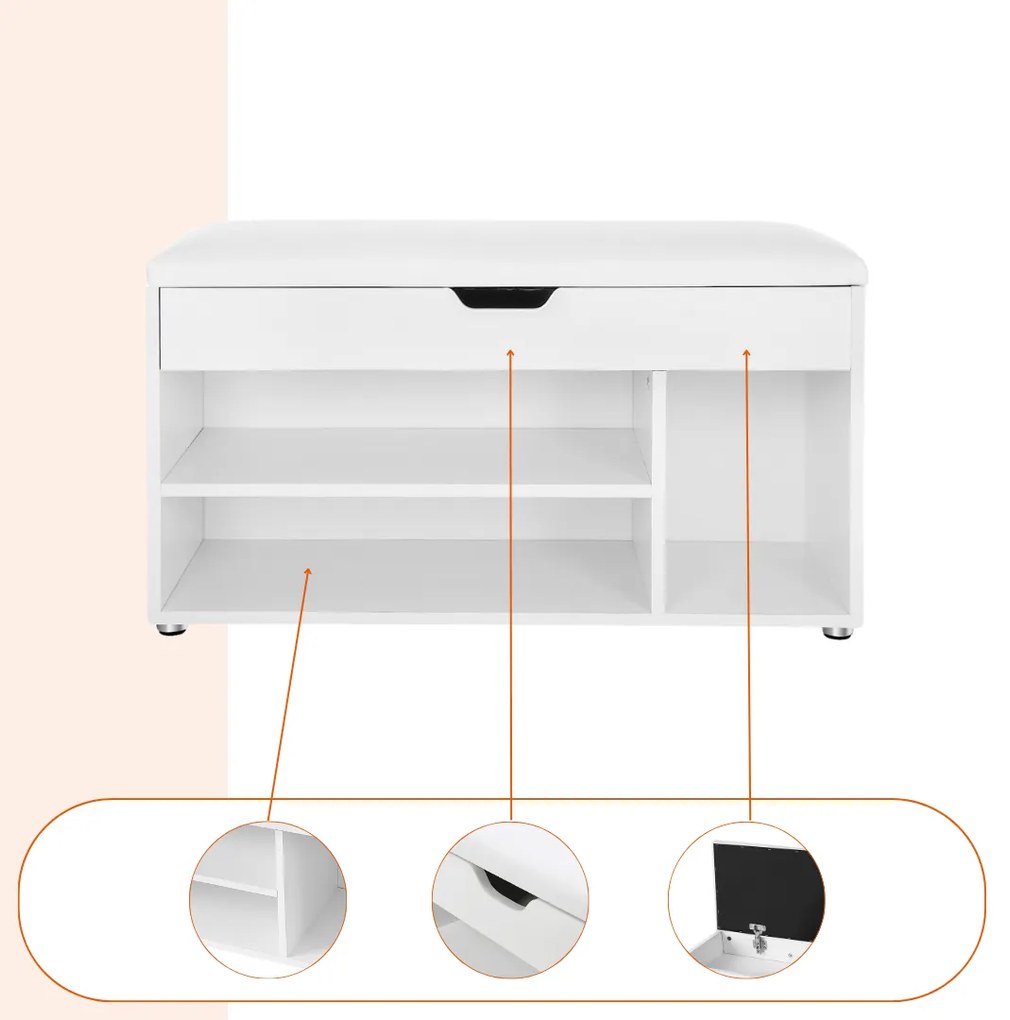 Pantofar cu bancă și spațiu de depozitare LUJZA, 80x30x44cm, alb Jurhan