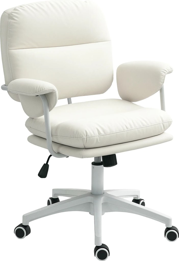 HOMCOM Scaun pentru birou reglabil pe înălțime cu pernă moale și tapițerie din piele ecologică, roți flexibile și funcție de înclinare, Alb | Aosom Romania