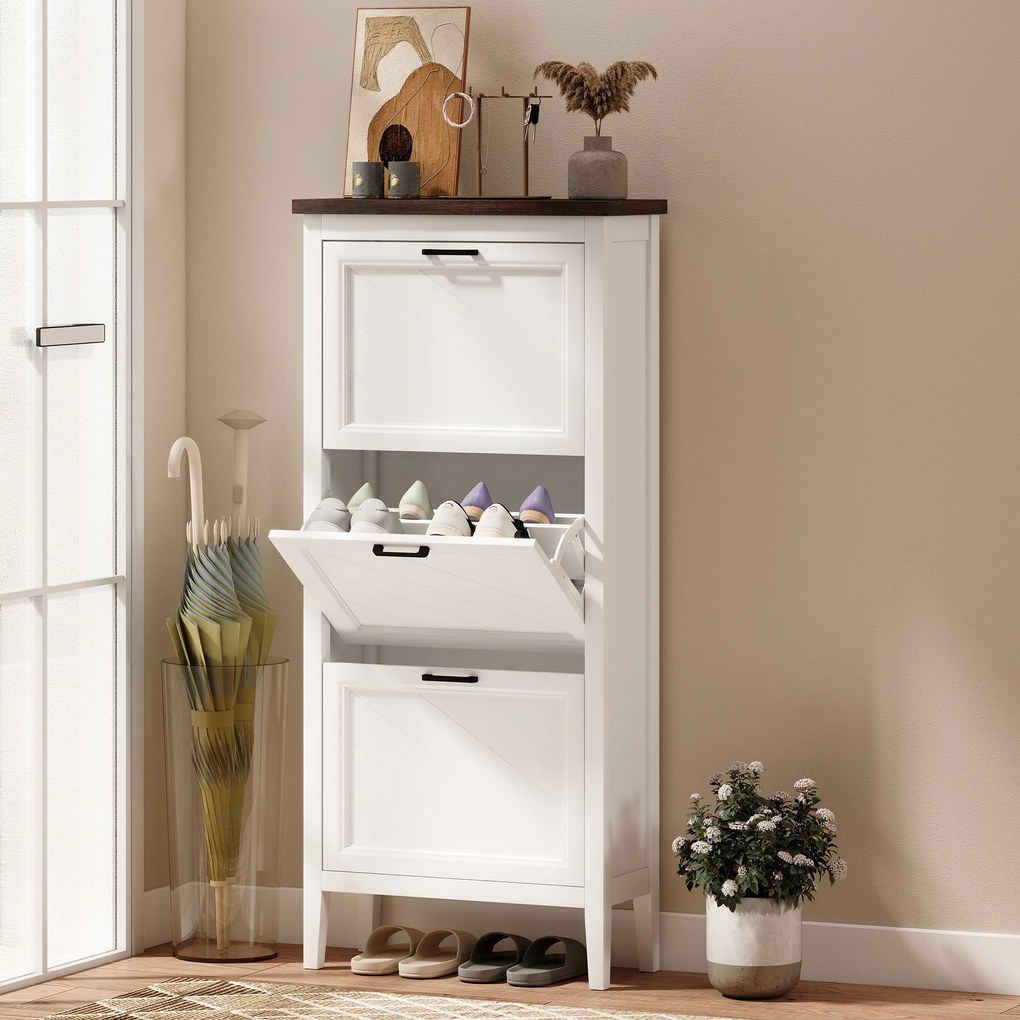 HOMCOM Dulap pentru pantofi 18 perechi, dulap îngust cu 3 sertare basculante și rafturi reglabile, alb | Aosom Romania