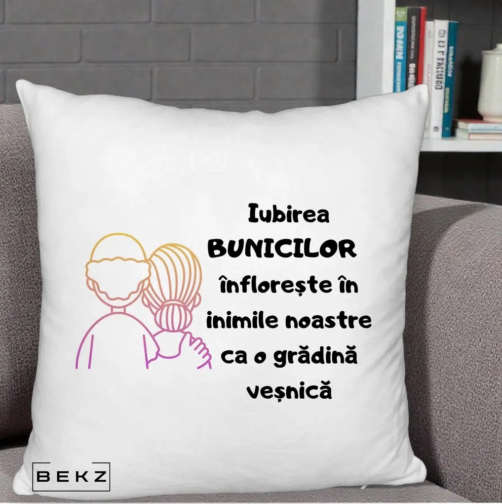 Cadou pentru Bunici - Perna Personalizata Iubirea Bunicilor Infloreste Cuplu Line Art Gradient, 40x40 cm, Alb Pufos, Husa Detasabila, Perna Inclusa, BEKZ®