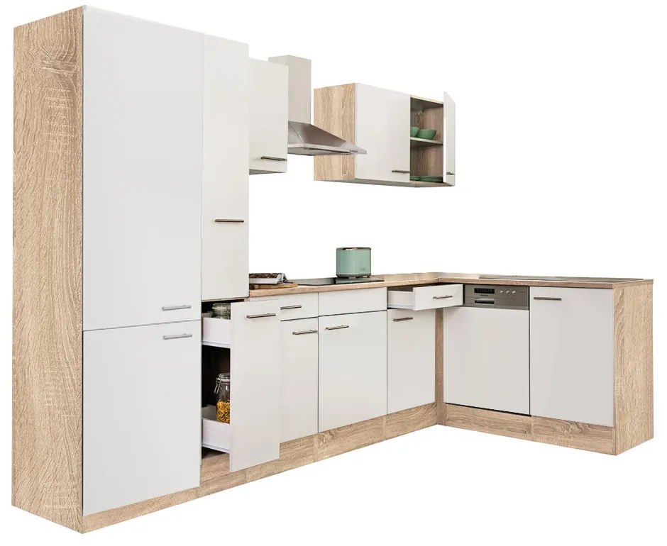 Mobilă de bucătărie de colț Yorki 310, corp din stejar sonoma, față alb satinat, cu dulap cu raft