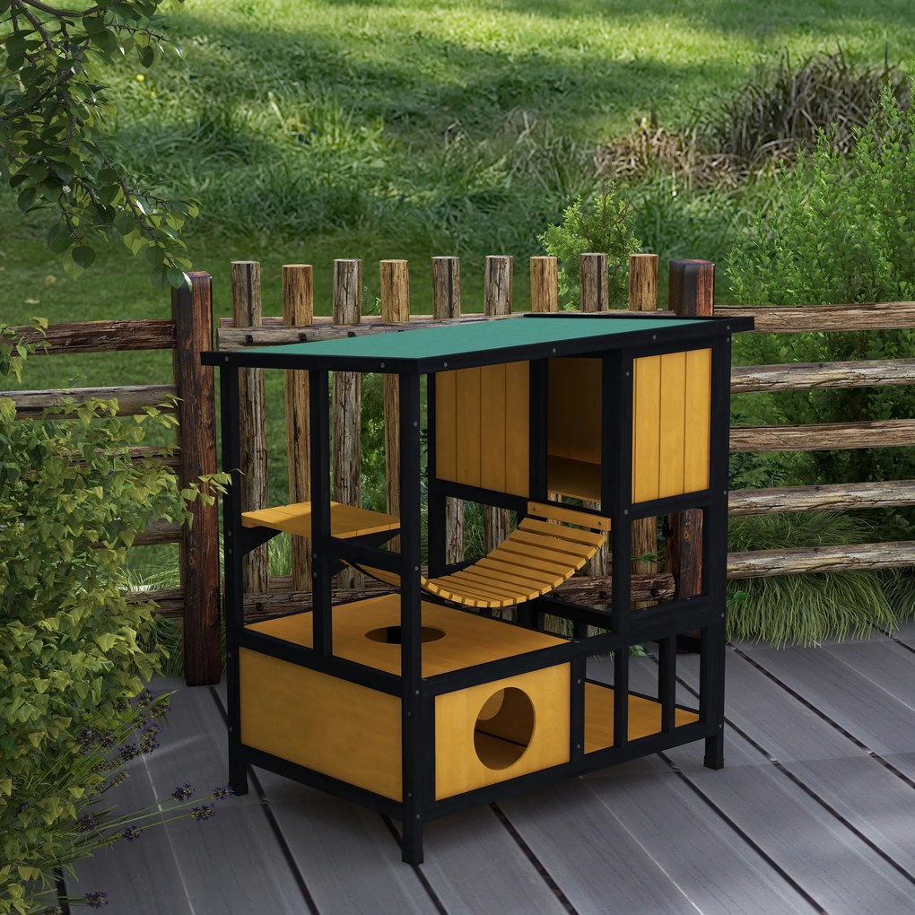 PawHut Casa pentru Pisici Colibă pentru Pisici Casa pentru Pisici, rezistentă la intemperii, 1 rampă, 1 platformă, 84,5 x 60 x 88 cm, Verde + Natural | Aosom Romania