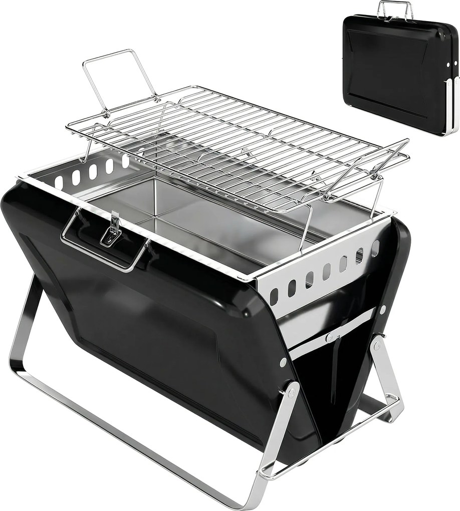 Outsunny Grătar pe cărbune din oțel inoxidabil BBQ Smoker cu grilă, mâner și picioare pliante pentru barbecue camping 40x28x25,5cm Negru | Aosom Romania