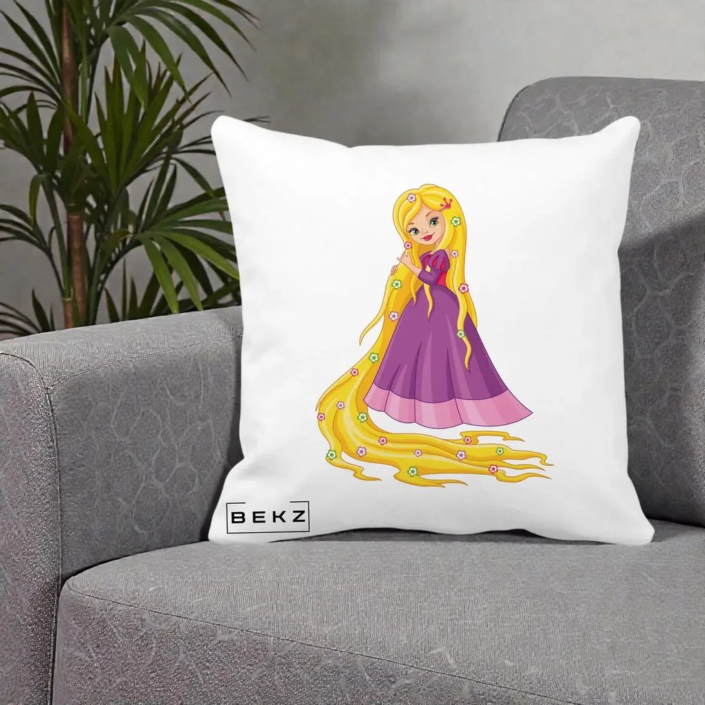 Perna Personalizata Rapunzel Par Lung Floral, 40x40 cm, Alba Mata, Husa Detasabila, Perna Inclusa, BEKZ®