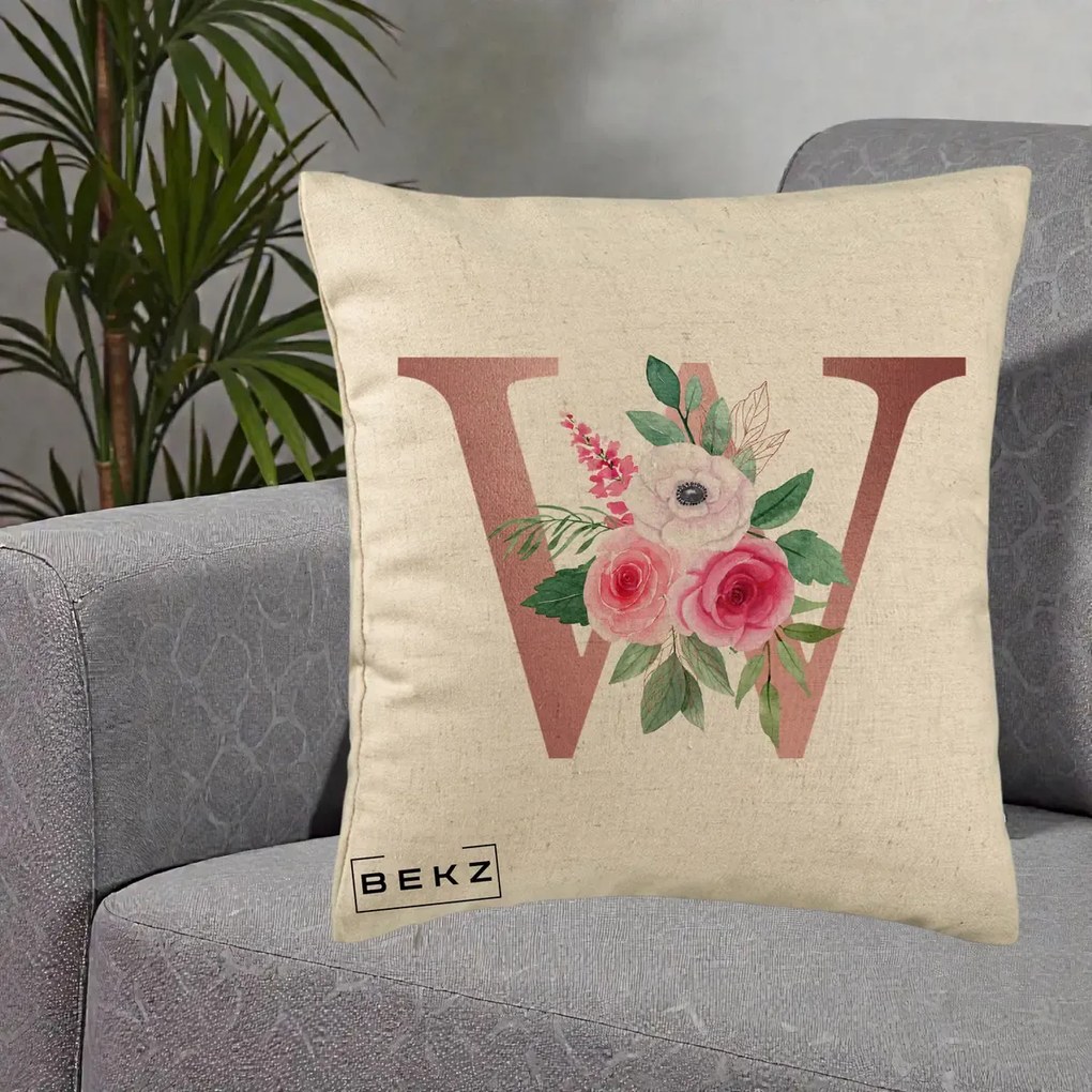 Cadou Personalizat - Perna Personalizata Monograma Rose Gold Litera W cu Trandafiri si Anemona, 40x40 cm, Bej, Husa Detasabila, Perna Inclusa, BEKZ®