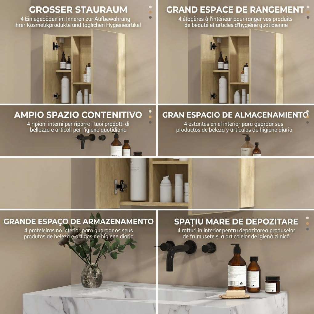 Kleankin Dulap Oglindă Baie Montaj Perete Uși Duble Rafturi Natural | Aosom Romania