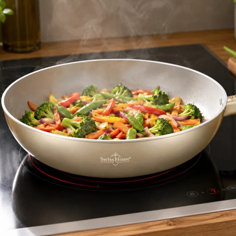 Tigaie wok cu capac Swiss Haus Speiez Castle SH-SCW28CH, 4,2 l, 28 cm, Acoperire ceramica Sapphire, pentru toate plitele inclusiv inductie, Sampanie