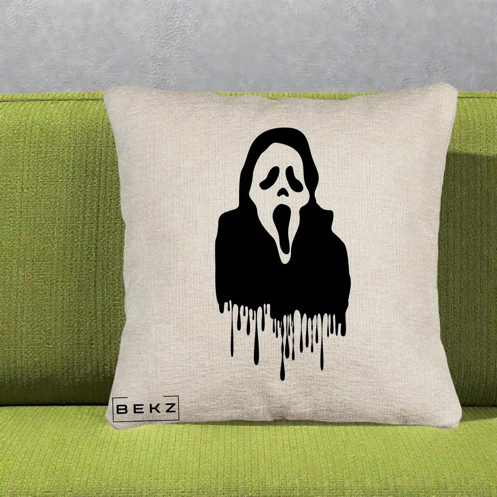 Perna Personalizata Halloween Ghostface Scream Picurand, 40x40 cm, Bej Canapea, Husa Detasabila, Perna Inclusa, BEKZ®