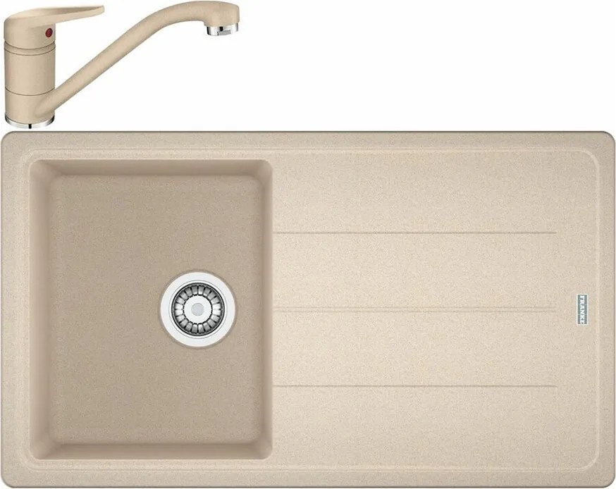 Set chiuveta bucatarie compozit Franke Basis Avena 1 cuva cu picurator 86x50 cm finisaj bej mat cu baterie Novara Plus