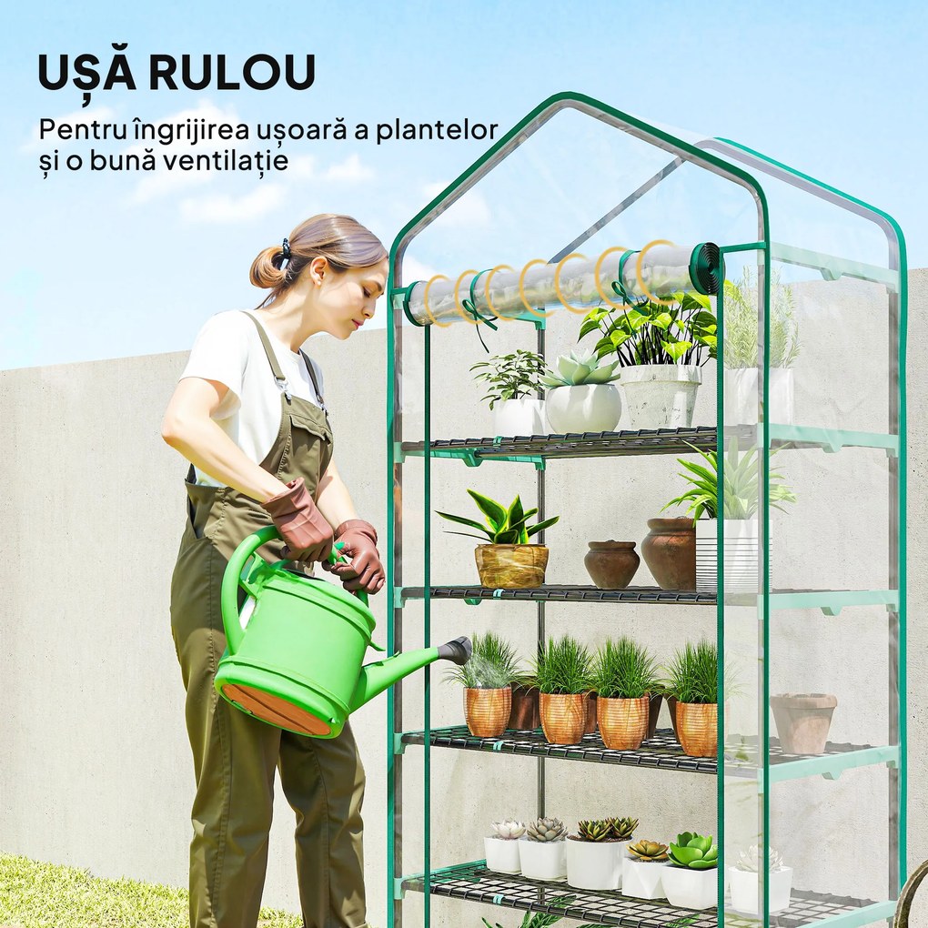 Outsunny Seră tip căsuță cu 5 niveluri, cu ușă rulabilă, din oțel și polietilenă, 90x49x193 cm, transparentă | Aosom Romania