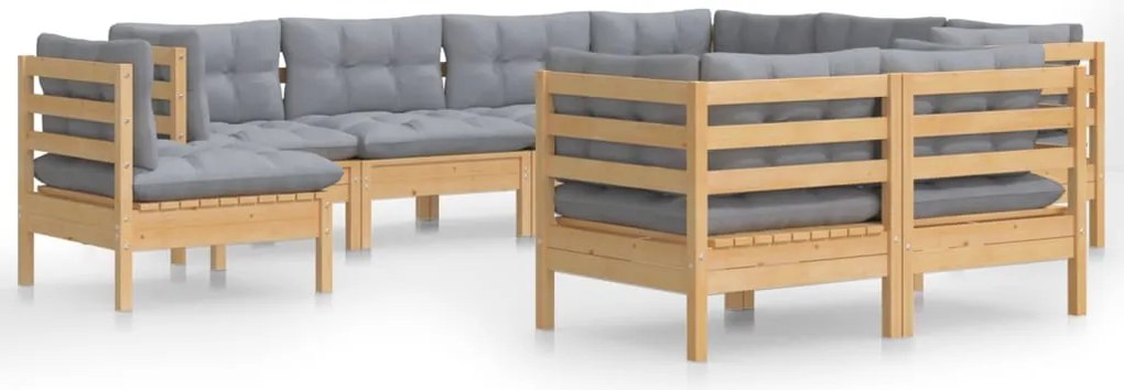 vidaXL Set mobilier de grădină cu perne gri, 9 piese, lemn masiv pin