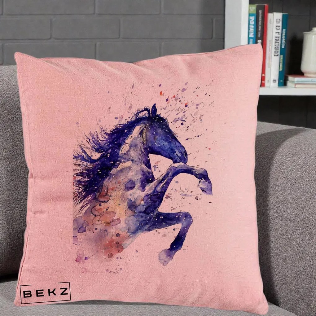 Perna Decorativa Cal Albastru Acuarela, 40x40 cm, Roz, Husa Detasabila, Perna Inclusa, BEKZ®