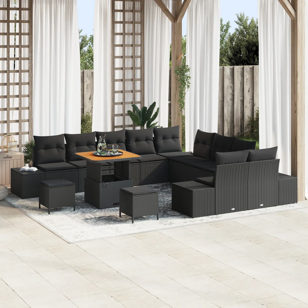 Set de sofa de grădină vidaXL cu 13 piese și perne Negru Poliratan Acacia