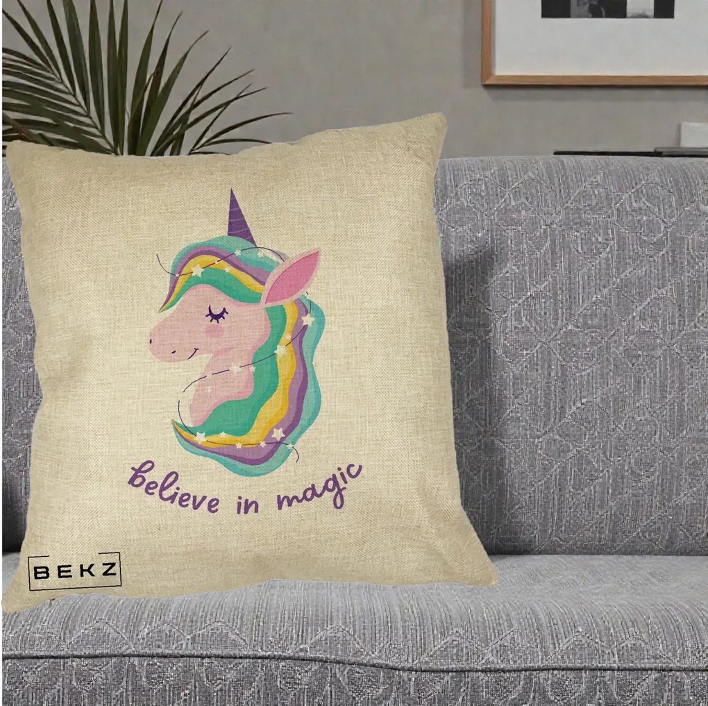 Perna Decorativa Unicorn Believe in Magic, 40x40 cm, Crem, Husa Detasabila, Perna Inclusa, BEKZ®