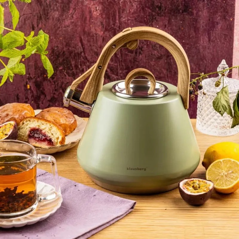 Ceainic cu fluier Klausberg KB 9062, 2,5 l, Otel inoxidabil, Maner care nu se incalzeste, Toate plitele inclusiv inductie, Verde
