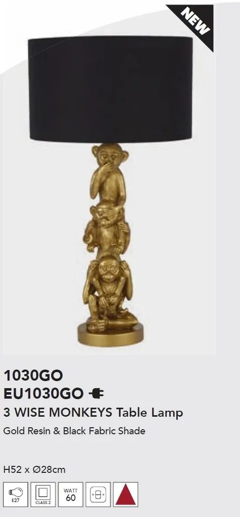 Veioza/Lampa de masa design decorativ Wise Monkey auriu/negru