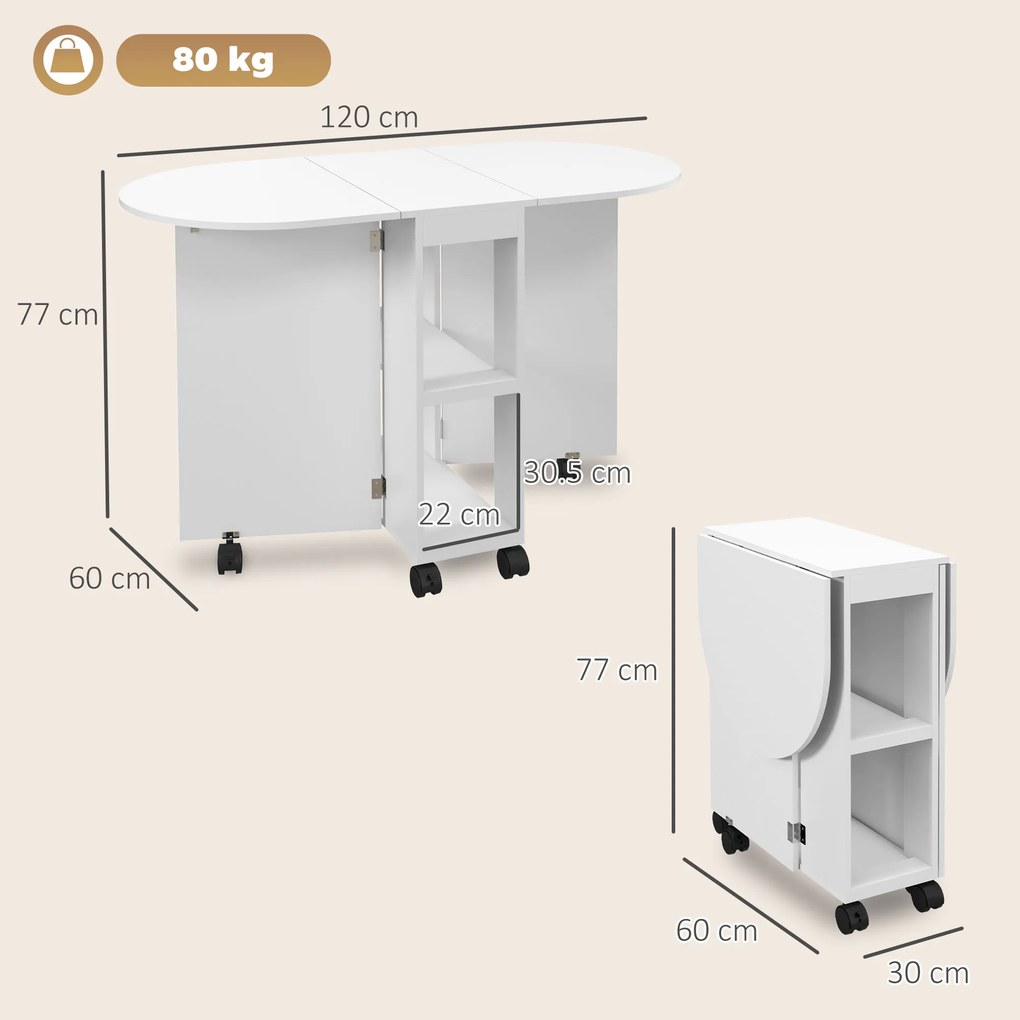 HOMCOM Masă pliabilă de dining pentru 2-4 persoane, 120x60x77 cm, cu 6 roți, 2 polițe, 2 extensii rabatabile, economisește spațiu, albă | Aosom Romania