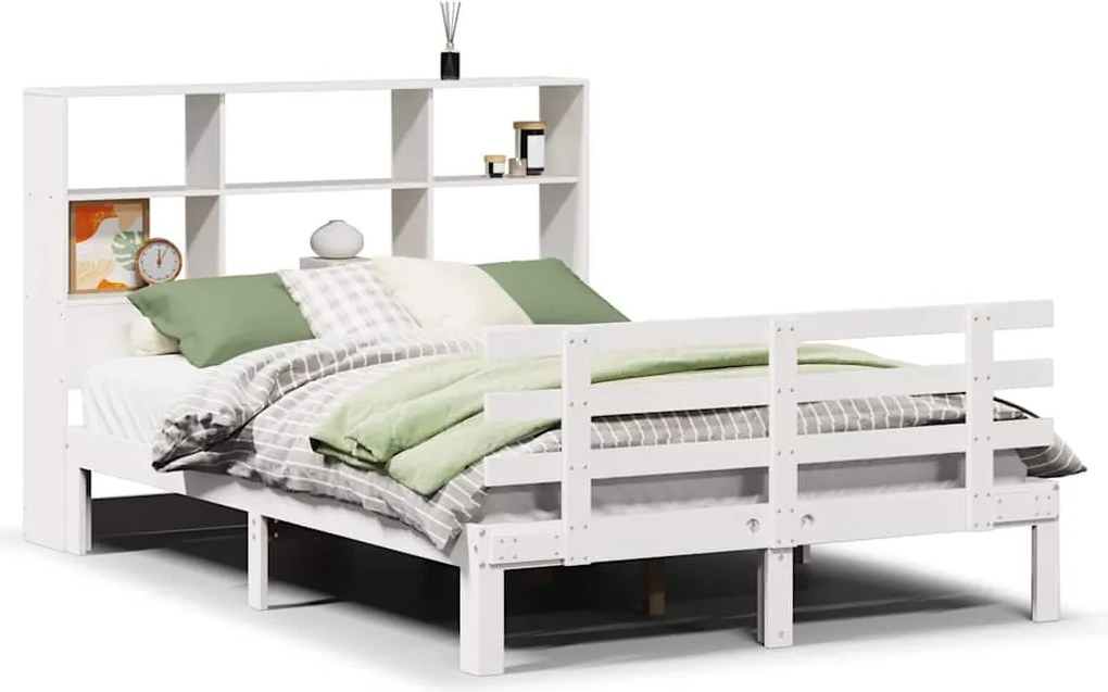 vidaXL Pat cu bibliotecă fără saltea, alb, 160x200 cm, lemn masiv pin