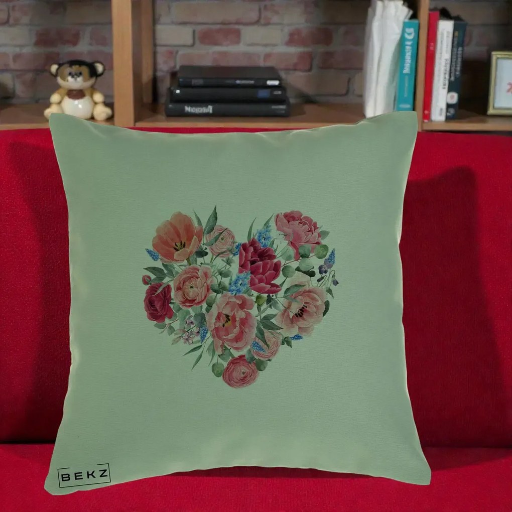 Perna Decorativa Inima din Bujori Acuarela, 40x40 cm, Verde, Husa Detasabila, Perna Inclusa, BEKZ®