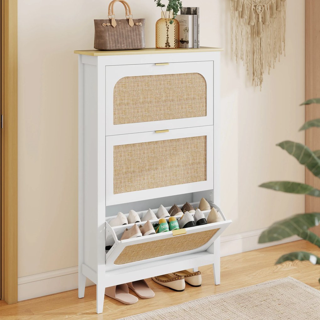 HOMCOM Dulap pentru încălțăminte 21 perechi boem cu 3 sertare rabatabile, uși cu efect cannage ratan, 80 x 24 x 131 cm, alb | Aosom Romania