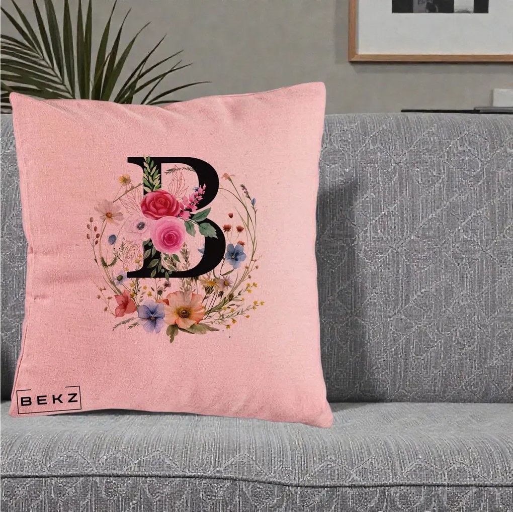 Cadou Personalizat - Perna Personalizata Monogram Litera B cu Flori Acuarela, 40x40 cm, Roz, Husa Detasabila, Perna Inclusa, BEKZ®