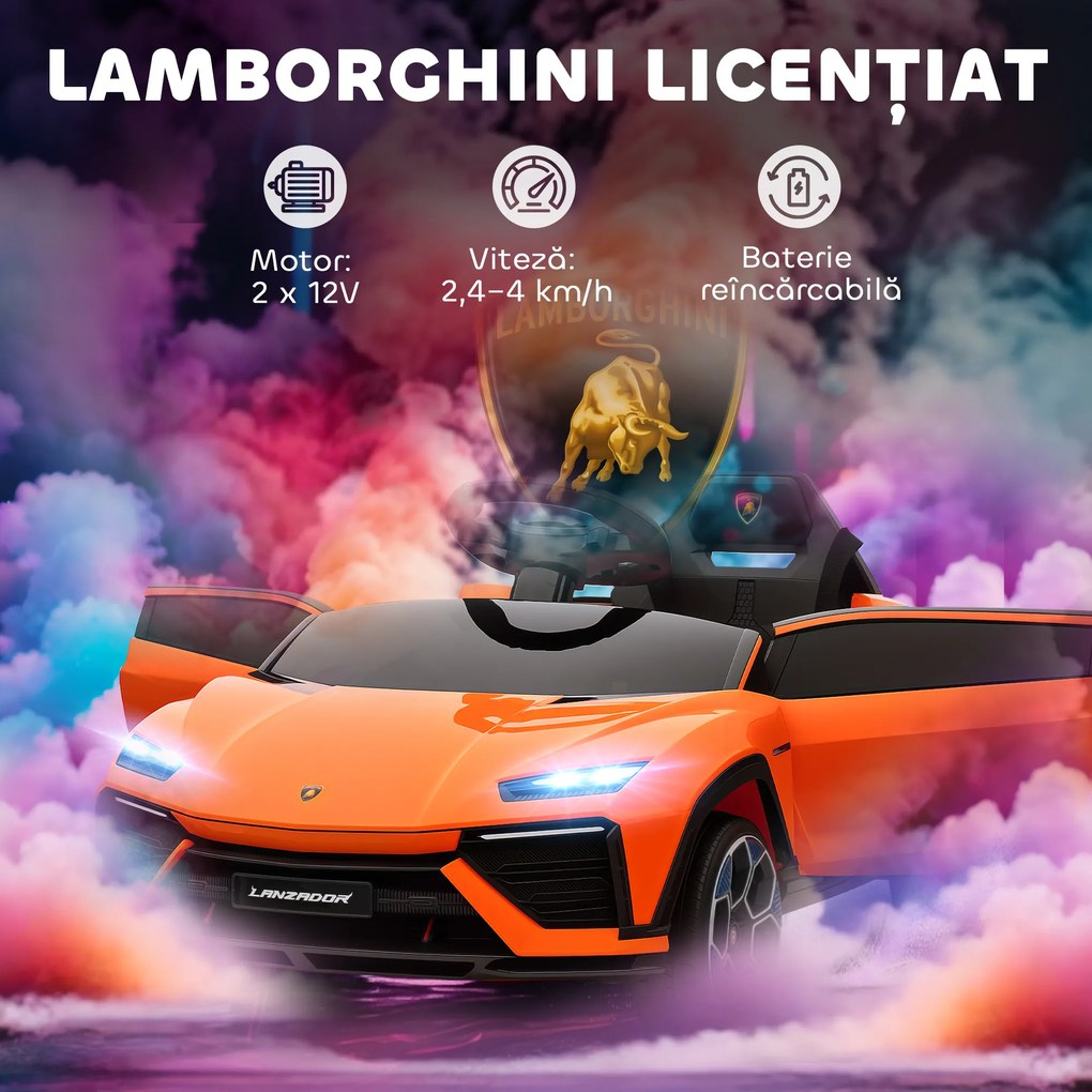 AIYAPLAY Mașină Electrică pentru Copii sub Licență Lamborghini cu Claxon și Telecomandă, 101.5x49x43 cm, Portocalie | Aosom Romania