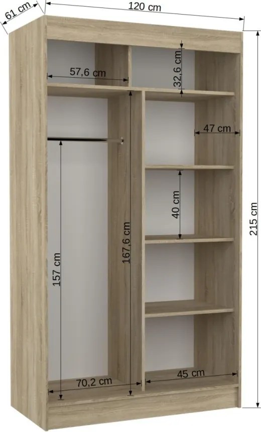 Dulap cu usi glisante si oglinda Toura, ADRK Furniture (Culoare: Sonoma / Ciocolată Lacobel, Dimensiuni: 150x215 cm)