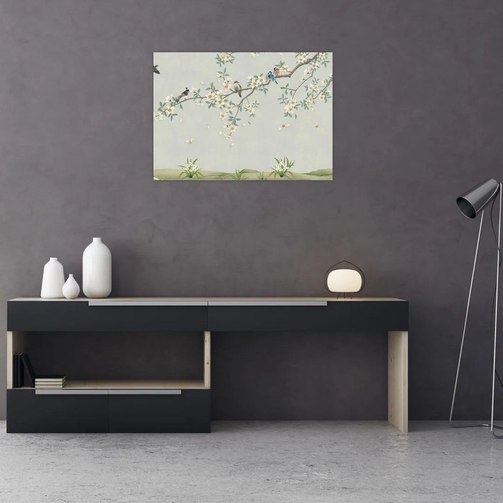 Tablou pe sticlă - Adunarea păsărilor (70x50 cm)