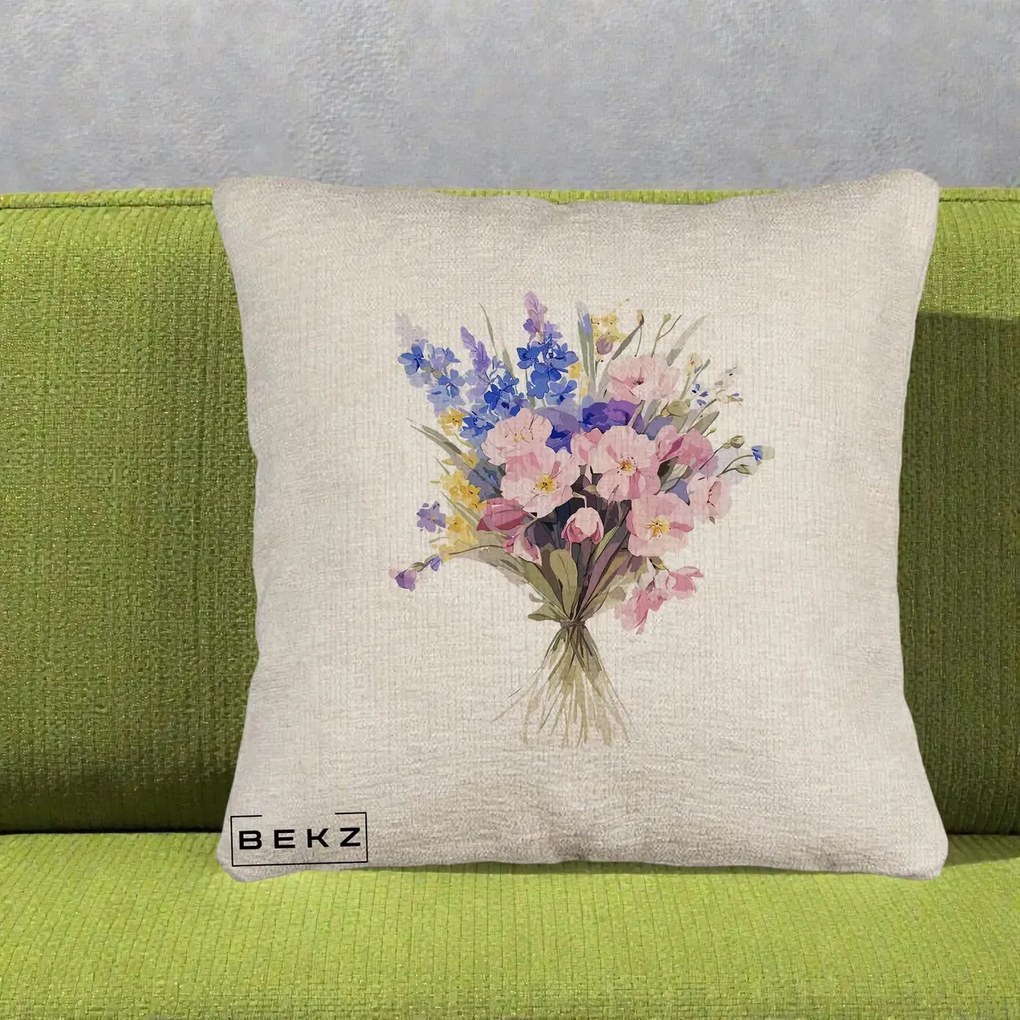 Perna Decorativa Buchet Floral Acuarela Primavara, 40x40 cm, Bej Canapea, Husa Detasabila, Perna Inclusa, BEKZ®