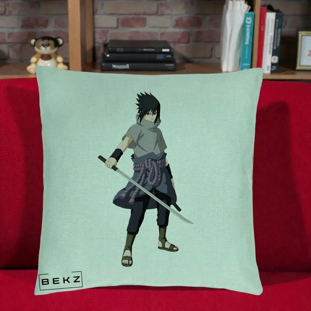 Perna Personalizata Naruto Sasuke Uchiha cu Sabia, 40x40 cm, Verde Menta, Husa Detasabila, Perna Inclusa, BEKZ®