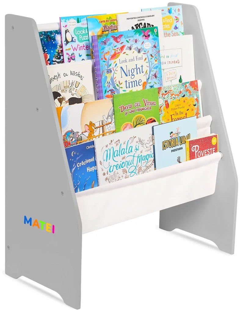 Raft de Carti pentru Copii Suporto, Organizator cu etajere din textil, pentru depozitare jucarii, carti si caiete. Mobilier din Lemn MDF, 71.5 x 62 x
