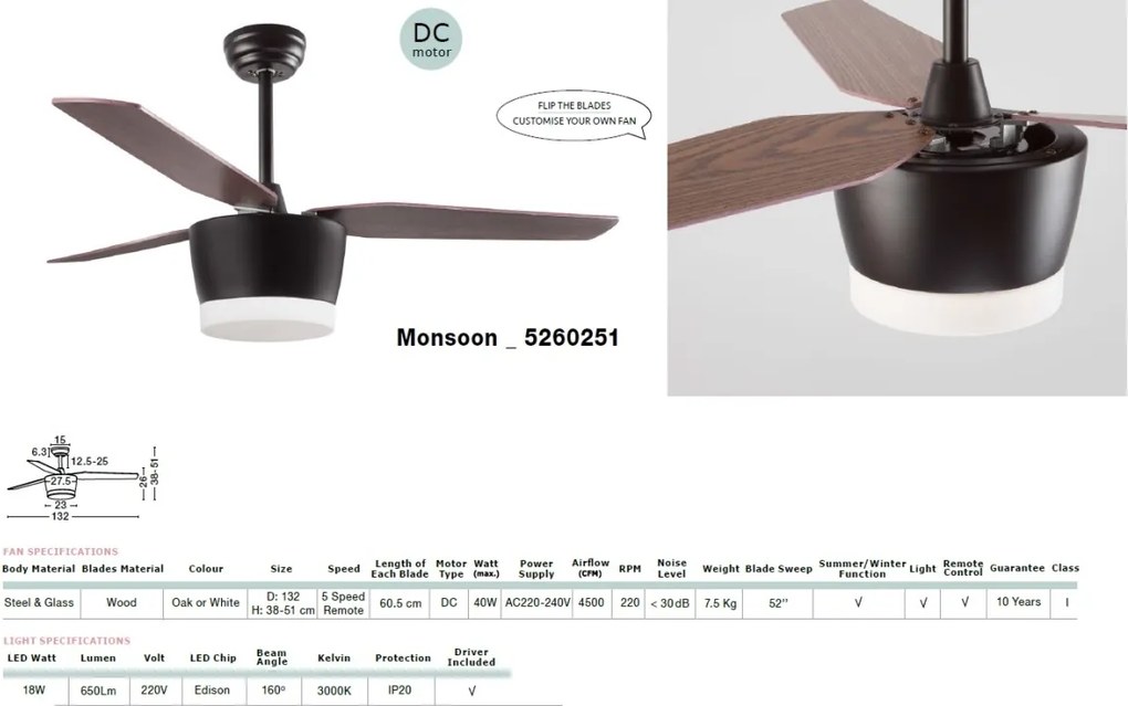 Lustra LED cu ventilator si telecomanda design modern Monsoon stejar