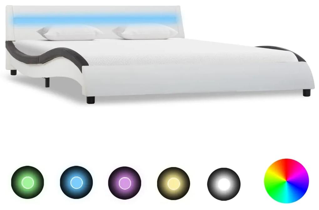 Cadru de pat cu LED, alb  negru, 140x200 cm, piele ecologica white and black, 140 x 200 cm