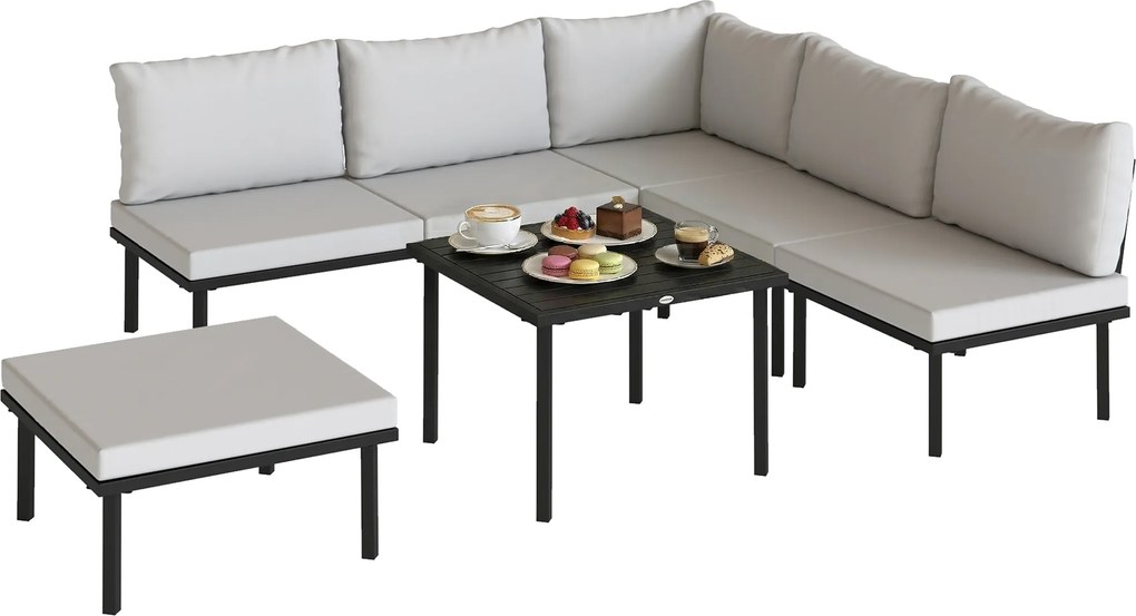 Outsunny Set lounge mobilier grădină 5-6 persoane, canapea 2 locuri, 2 scaune, scaun colțar, masă tip lamele, taburet | Aosom Romania