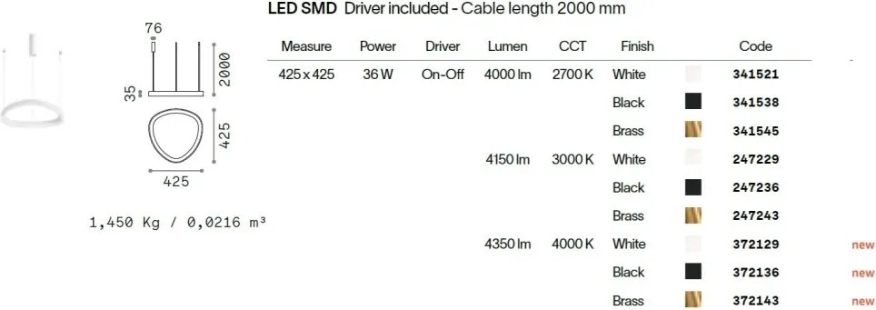 Lustra LED suspendata design circular GEMINI SP D042 ON-OFF OTTONE 4000K