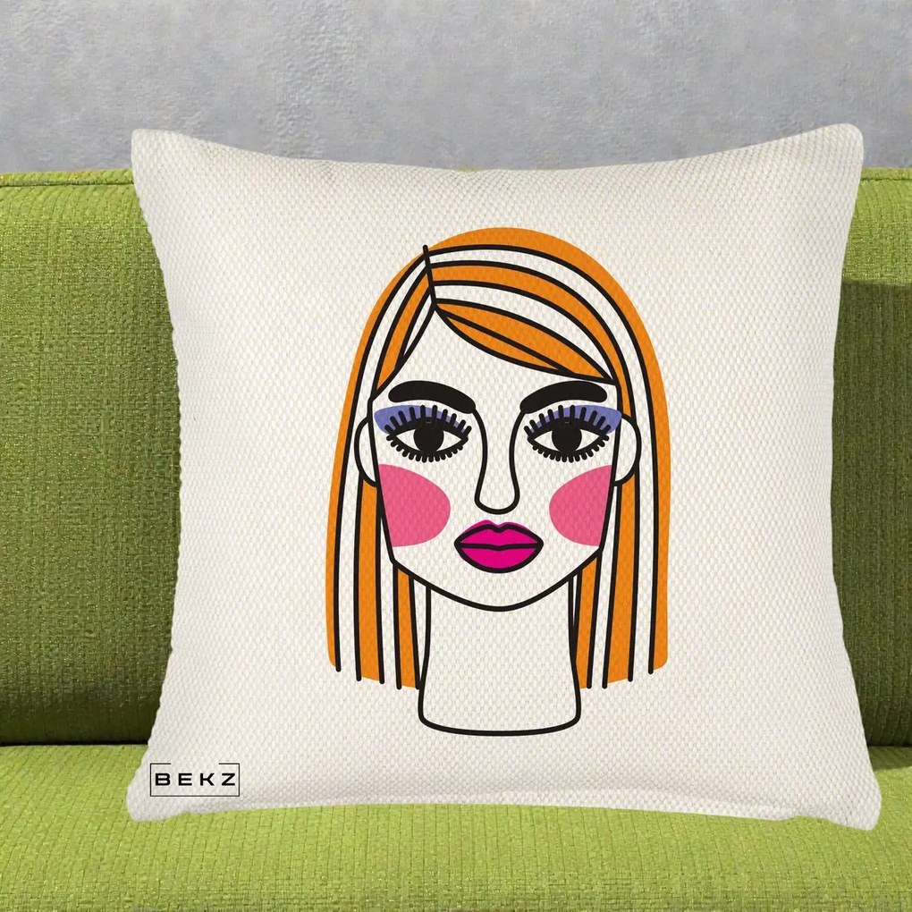 Perna Decorativa Portret Pop Art Fata, 40x40 cm, Crem Reliefat, Husa Detasabila, Perna Inclusa, BEKZ®