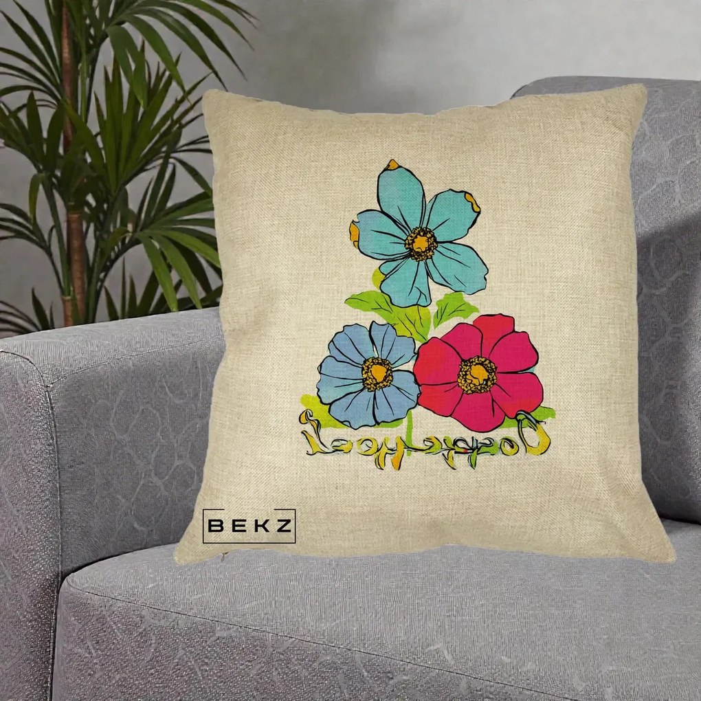 Perna Decorativa Trei Flori Grafice Pop Art, 40x40 cm, Crem, Husa Detasabila, Perna Inclusa, BEKZ®