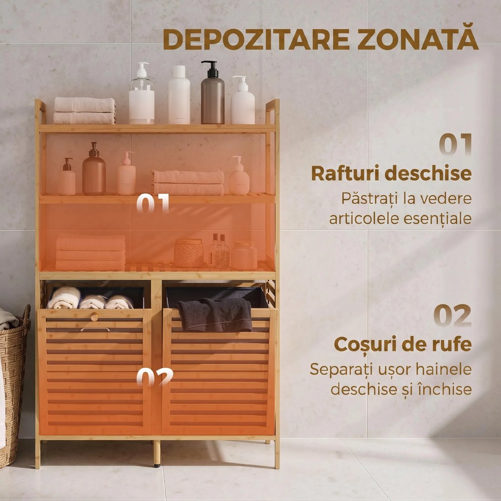 HOMCOM Dulap pentru Rufărie Dublu Rabatabil, Bambus, 2 Coșuri, 3 Rafturi, Culoare Stejar | Aosom Romania