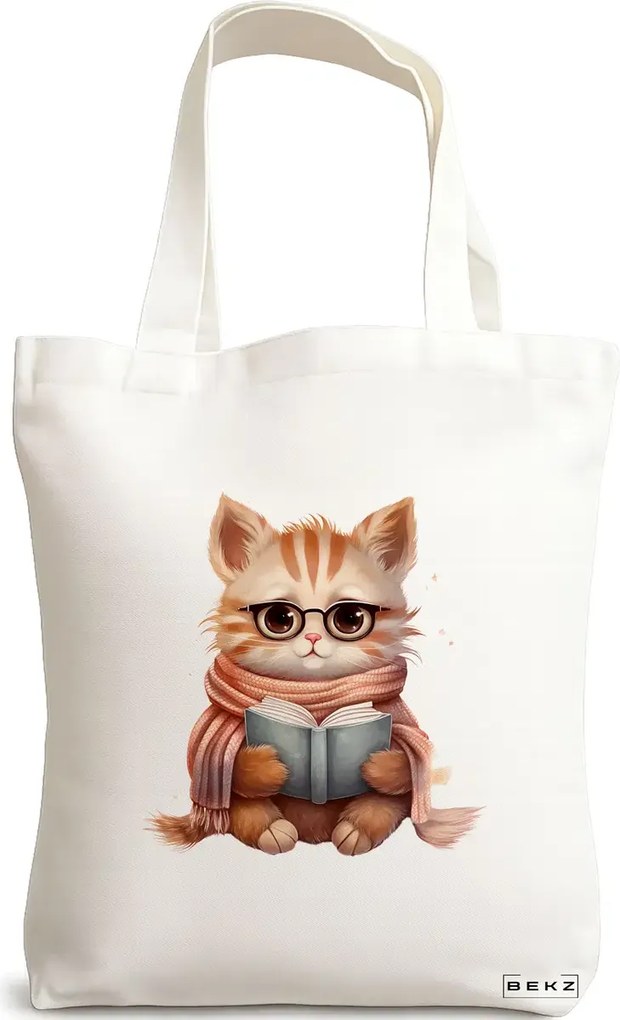 Sacosa de Panza pentru Cumparaturi, Geanta Tote, model Reading puppy 8 38 x 34.5 cm, Alba, BEKZ®